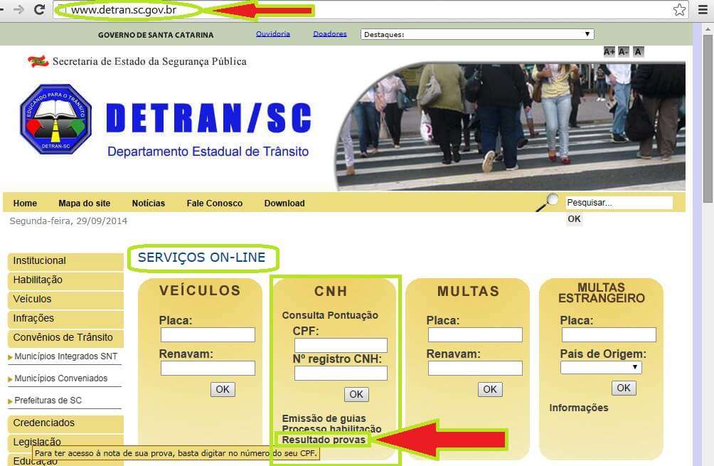 consulta resultado prova detran sc - passo 1