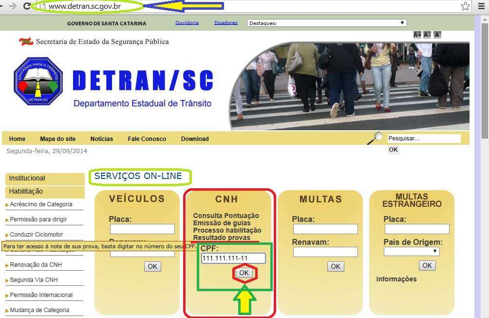 consulta resultado prova detran sc - passo 2